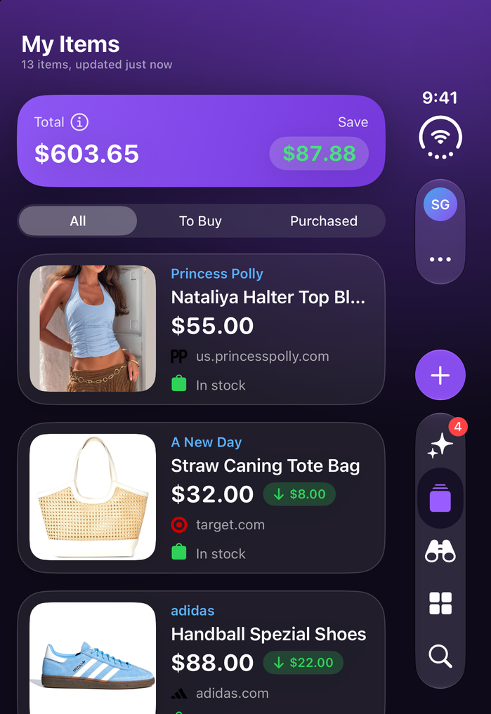 Save Genie's My Items on iPhone Duo, folded, with the running total and what's been saved