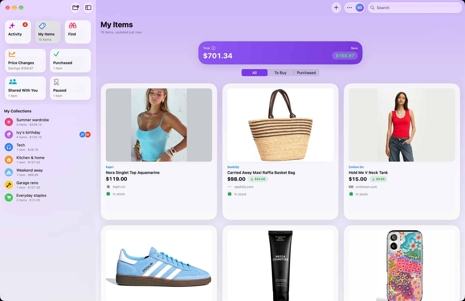 Save Genie's My Items on Mac, in a grid beside the sidebar of collections, with the running total and what's been saved