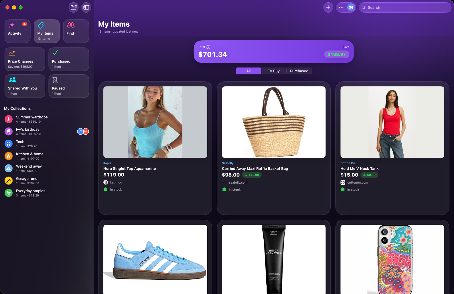 Save Genie's My Items on Mac, in a grid beside the sidebar of collections, with the running total and what's been saved