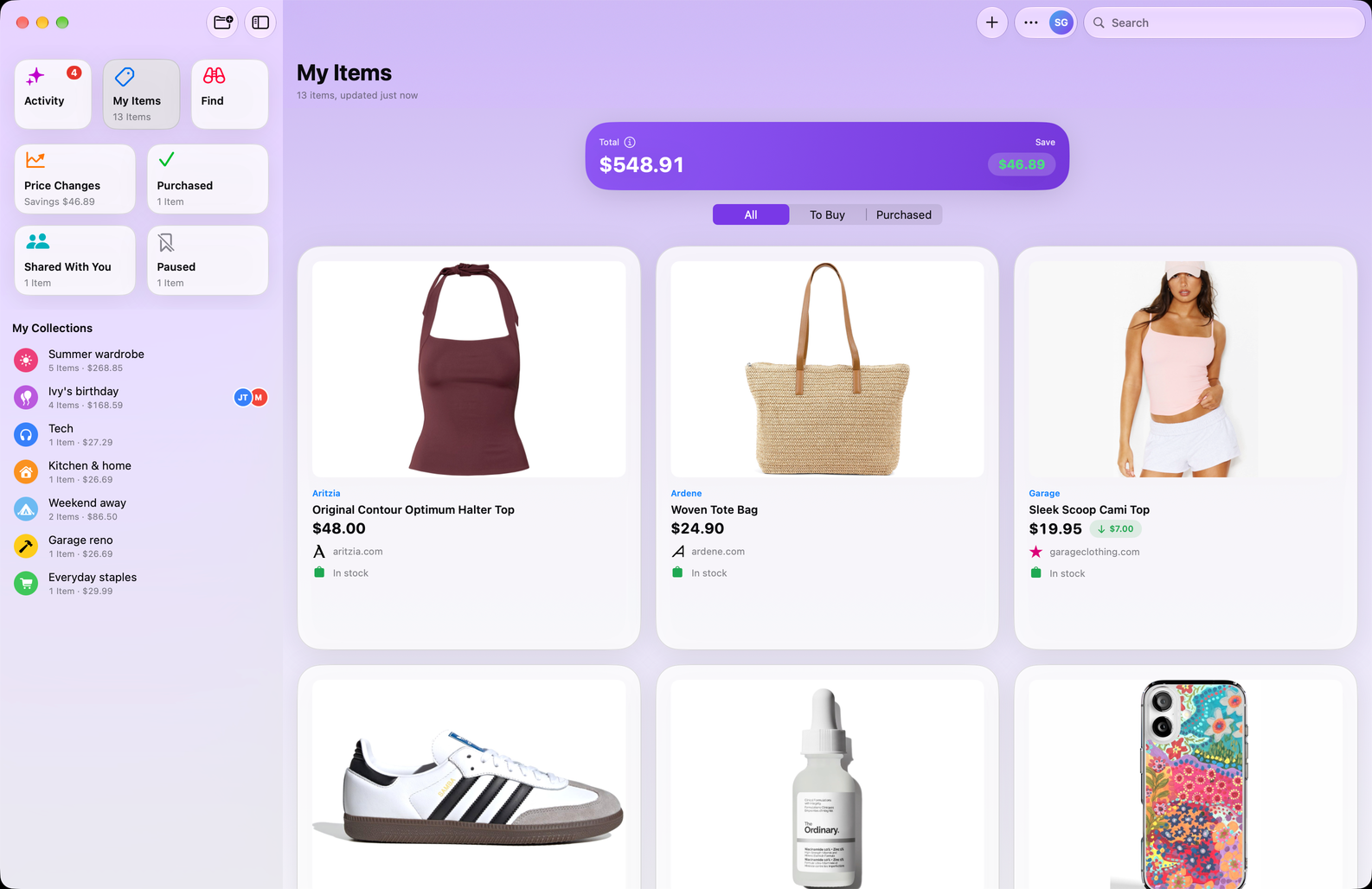 Save Genie's My Items on Mac, in a grid beside the sidebar of collections, with the running total and what's been saved