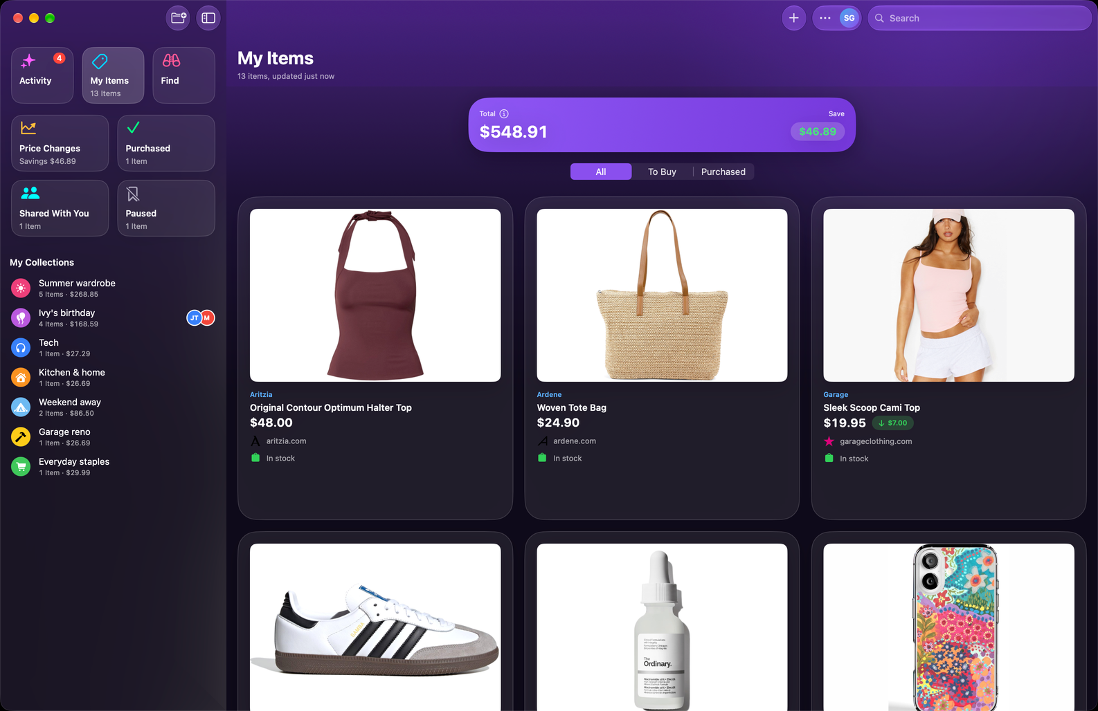 Save Genie's My Items on Mac, in a grid beside the sidebar of collections, with the running total and what's been saved