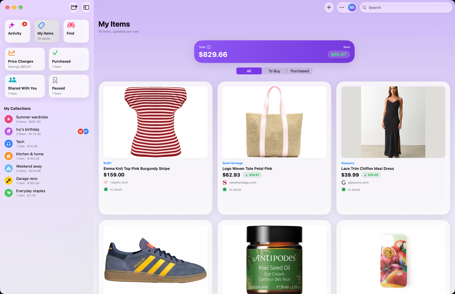 Save Genie's My Items on Mac, in a grid beside the sidebar of collections, with the running total and what's been saved