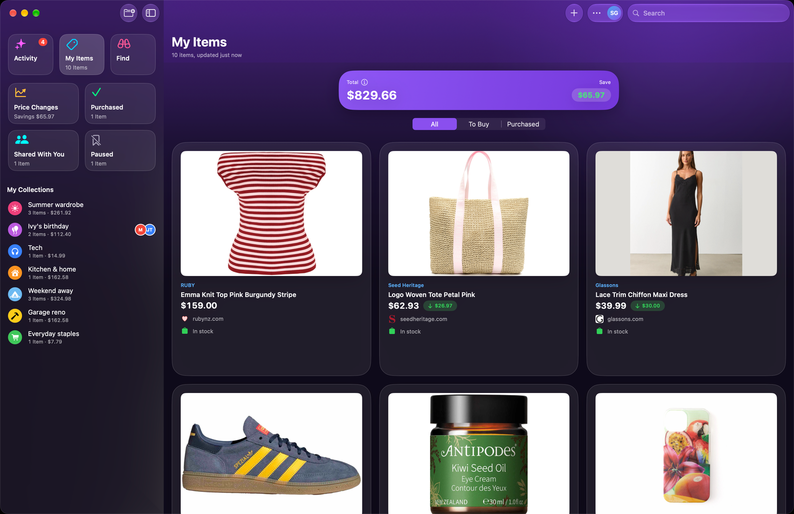 Save Genie's My Items on Mac, in a grid beside the sidebar of collections, with the running total and what's been saved