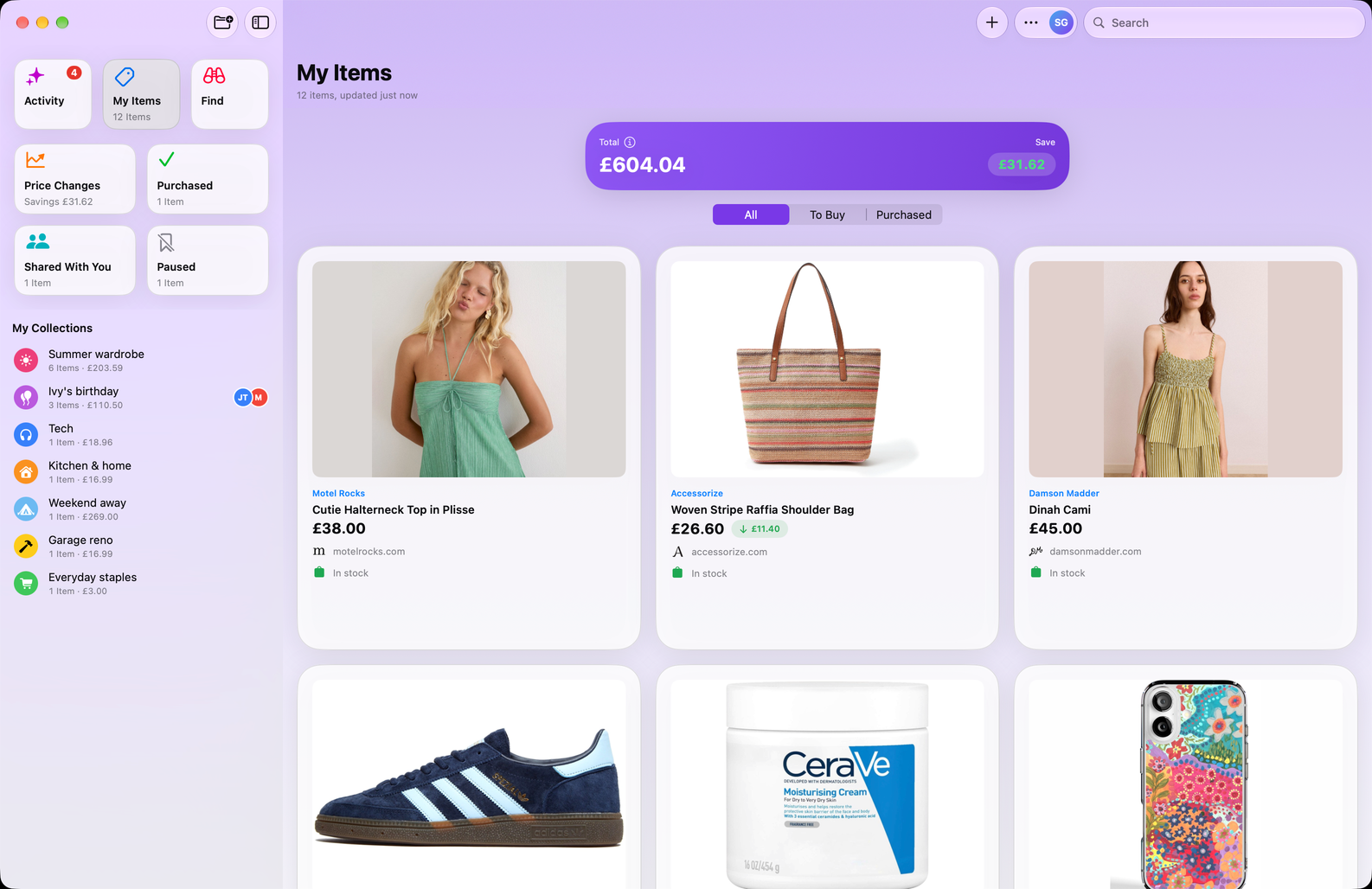 Save Genie's My Items on Mac, in a grid beside the sidebar of collections, with the running total and what's been saved