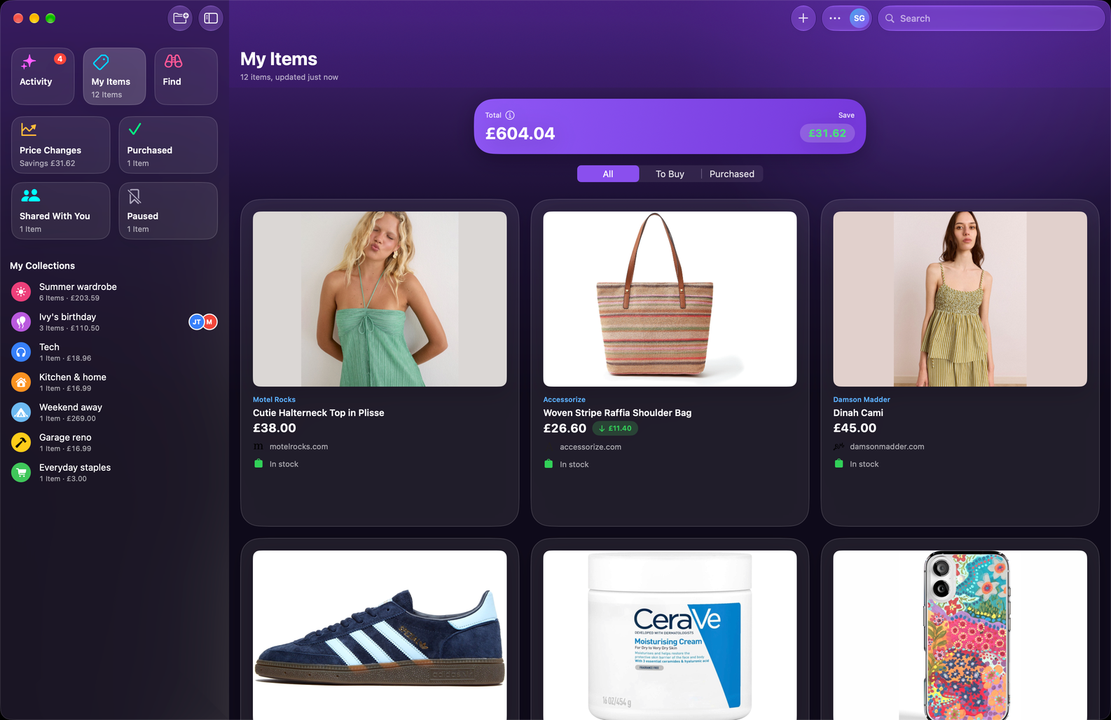 Save Genie's My Items on Mac, in a grid beside the sidebar of collections, with the running total and what's been saved
