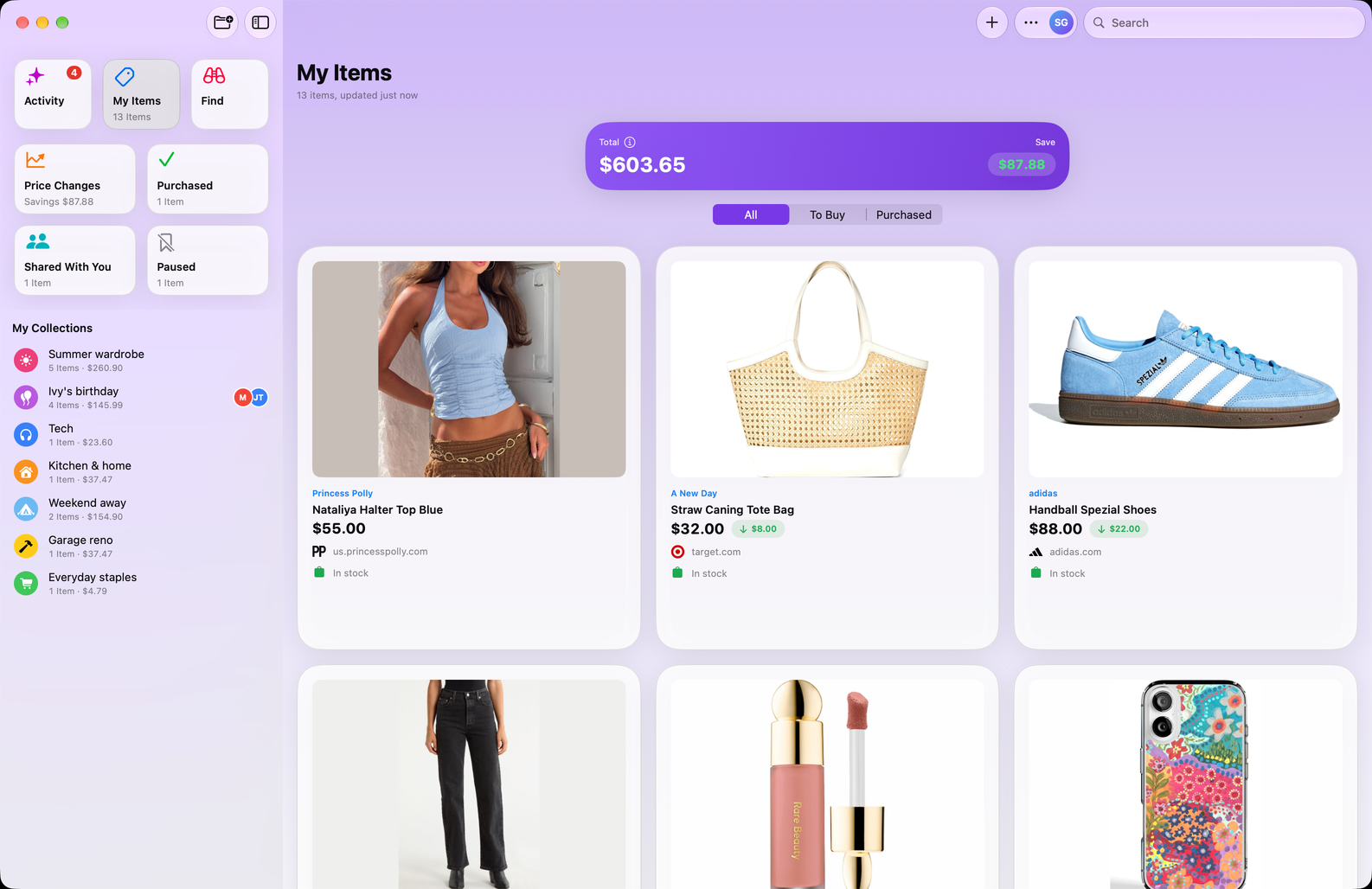 Save Genie's My Items on Mac, in a grid beside the sidebar of collections, with the running total and what's been saved