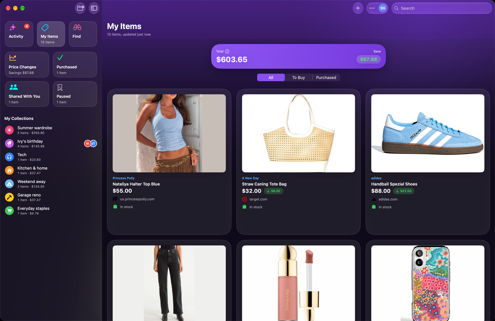 Save Genie's My Items on Mac, in a grid beside the sidebar of collections, with the running total and what's been saved